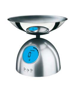 Salter dome electronic scale matt silver finish.Maximum capacity 3kg/7lb/3 litres/105fl.oz.Graduatio