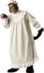 Includes flannel granny night gown with attached tail, plush shoe covers, plush fingerless gloves, n