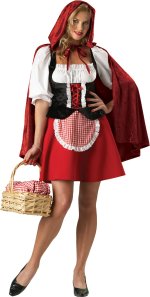 Includes dress with attached apron plus hooded cape.