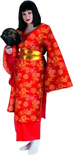 Includes kimono, belt, slip dress, fan and wig.