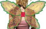 Intricately detailed green fairy wings in the shape of leaves with golden glitter and gemstone detai