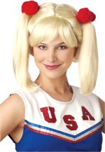 Long blonde platinum blonde wig with pom-pom hair tie detail.