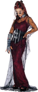 This elegant costume consists of velvet under-dress with straps in burgundy colour plus spider-web d