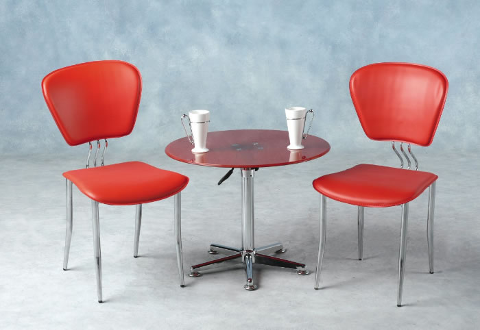 This versatile two chair set features a 25" diameter table which can be used for dining at