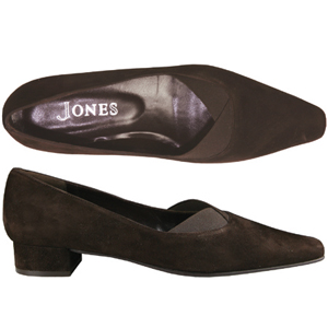 A smart slip on shoe from Jones Bootmaker. With squared toe and elasticated wrap straps to vamp, an 