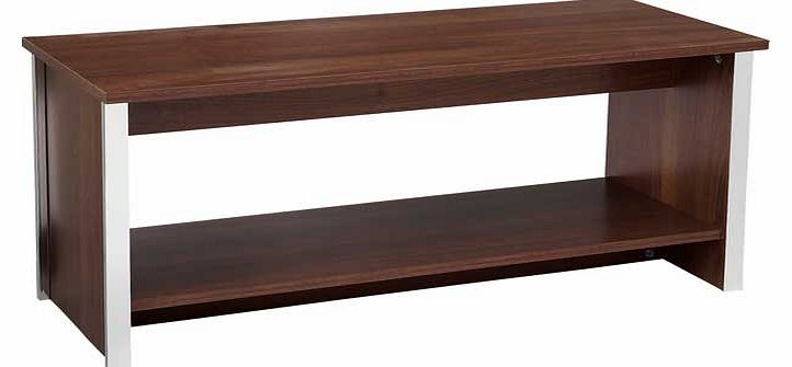 Both stylish and contemporary. the walnut effect Genova coffee table features sleek. sturdy surfaces and shiny. chrome effect edges giving a bold finish to a modern home. A great statement piece for the centre of your living space. Part of the Genova