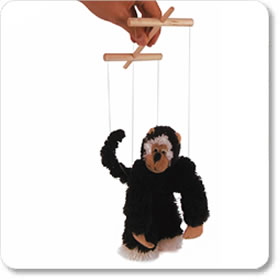 A traditional string puppet that has been given a fun makeover. It can be made to dance  walk and