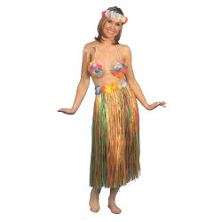 A longer length multi-coloured plastic grass skirt