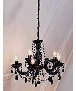 Black finish with black acrylic droplets.Drop 38cm.Diameter 48cm.Requires 5 x 60 watt SES candle bul