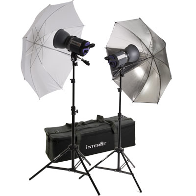 The Interfit Stellar (INT157) 750 X Tungsten Twin Umbrella Kit includes 2 x Stellar Tungsten (INT155