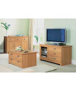 Beech effect. Aluminium effect shaker style handles. Entertainment unit. 1 door. 2 adjustable