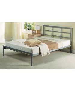 Silver colour.Headboard has grid-style pattern.Size (H)93, (W)139, (L)202cm