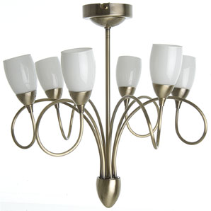 Elegant antiqued brass semi-flush fitting with 6 large tulip-shaped opal shades