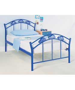 Metal frame with car detail in royal blue on headboard/footboard.Pine slatted base.Pillowtop