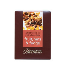 Almonds and Hazelnuts, Raisins, Orange Jelly and Vanilla Fudge, all covered in milk chocolate.