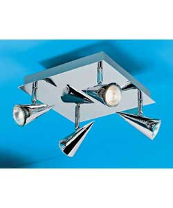 Polished chrome finish.Drop 17cm.Width 25cm.Diameter 25cm.Requires 4 x 50 watt max GU10 bulbs (suppl