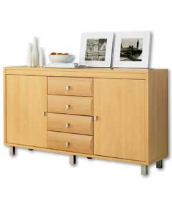 Beech effect. 1 internal shelf behind each door. 4 drawers on metal runners. Silver effect handles