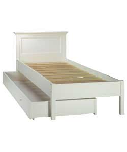 White painted wooden frame. Size (W)109.6, (L)204, (H)96.7cm. Size of trundle (W)97.5, (L)190, (H)21