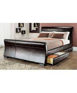 Dark brown leather, upholstered wood and metal bedstead complete with 4 underbed storage drawers.Siz