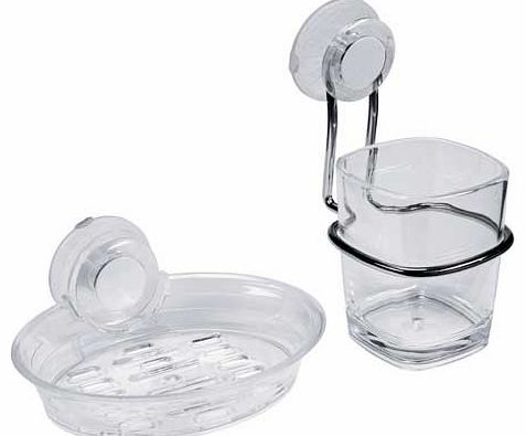 Save space in your bathroom with this Press N Lock Soap Dish and Tumbler Set. This set sticks to the wall rather than taking up valuable shelf space and brings a stylish edge to a bathroom. Made from plastic. Size H14. W8. D10cm. EAN: 5012044092878. 