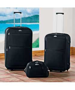 Quesada range.Large, medium rollercases and a shoulder tote bag. Colour black. 600 x 600 denier poly