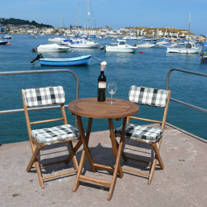 Unbranded Rhodos Table 2 Chairs with Blue Check Cushions