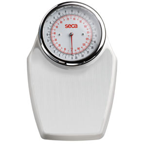 Seca mechanical bathroom scales in matt white. H11cm, W29cm, L45cm