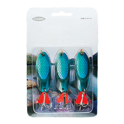 Pack of 3 Spinning Wedges  with multi-fleck reflective sides  Treble Hooks and Red-Fin exciter / spi