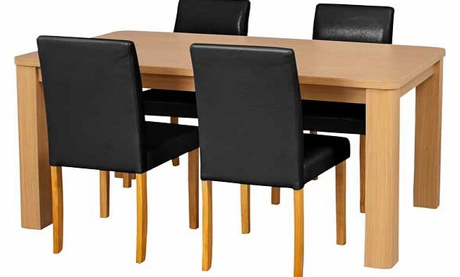 This real wood veneer dining table with 4 black leather effect chairs is a neat dining set. perfect for families. The chunky design adds a contemporary twist to a classic style. Part of the Swanley collection. Table: Size H75. L120. W75cm. Wood table