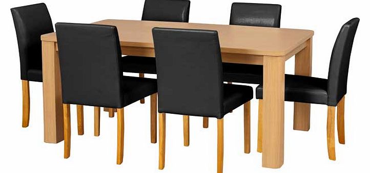 This real wood veneer dining table with 6 black leather effect chairs is a neat dining set. perfect for families. The chunky design adds a contemporary twist to a classic style. Part of the Swanley collection. Table: Size H75. L150. W90cm. Wood table