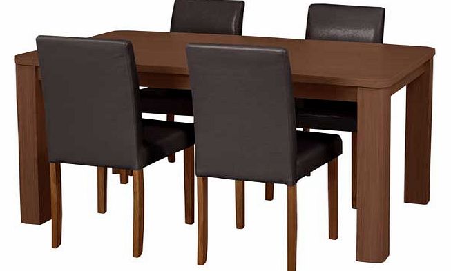 This real wood veneer dining table with 4 chocolate leather effect chairs is a neat dining set. perfect for families. The chunky design adds a contemporary twist to a classic style. Part of the Swanley collection. Table: Size H75. L120. W75cm. Wood t