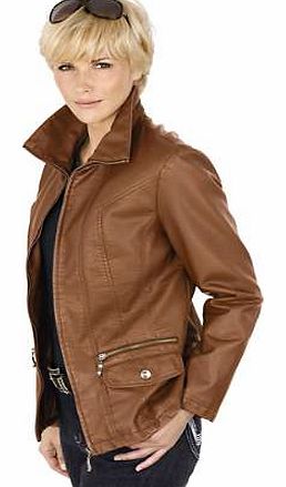 Youll be the envy of everyone with this fashion highlight! A trendy jacket with a leather look, and a multitude of casual details. Turn down collar, zip, decorative stitched seams, plus zip and flap pockets.Jacket Features: Casual fit Delicate wash m