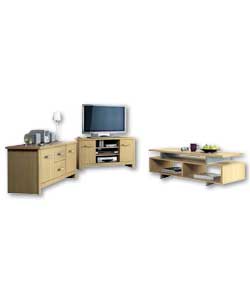 Oak effect. Chrome effect handles. Entertainment Unit. 2 doors. 4 internal shelves. Chrome effect