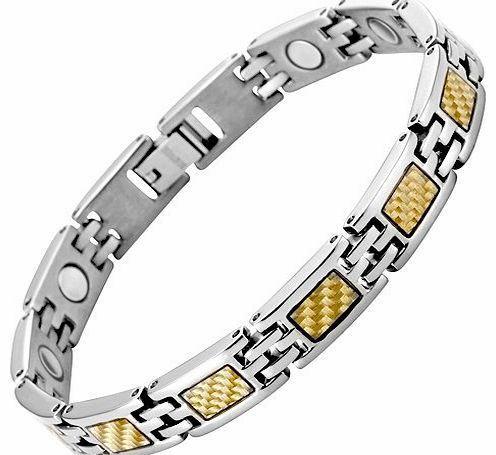 Ladies Titanium Magnetic Bracelet With Gold Carbon Fibre In Black Velvet Gift Box + Free Link Removal Tool