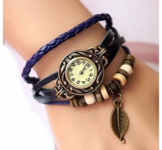 Retro Weave Wrap Around Leather Bracelet Lady Wrist Watch Quartz Watch (blue)