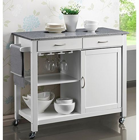 Harrogate White Painted Hevea Hardwood Kitchen Trolley Island With Grey Granite Top Large Island Cart 105cms