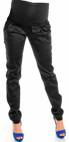 Zeta Ville Pregnancy Maternity Silky Skinny Trousers Pants Bump Panel w/ Bow 035 (UK 12, Black)